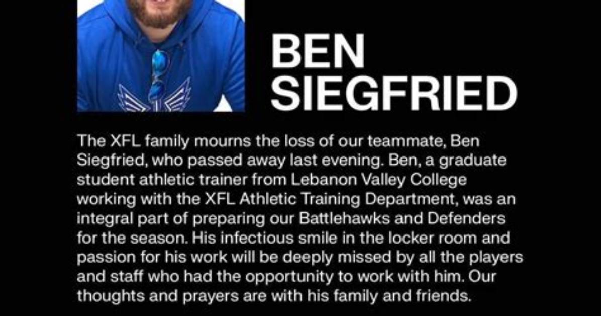 Battlehawks Trainer Ben Siegfried Dies Suddenly at Hotel